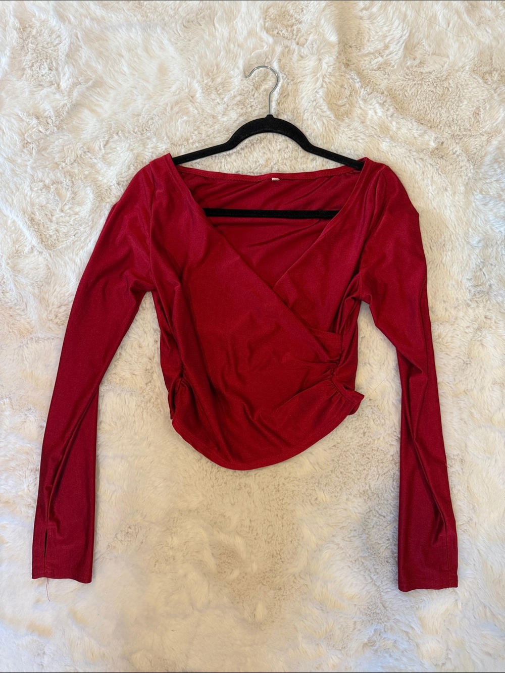 Sculpted Wrap Front Long Sleeve Top - Red